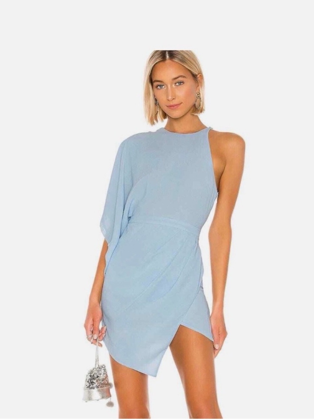 Michael Costello x Revolve Lexa One Sleeve Mini Dress in Light Blue Size S